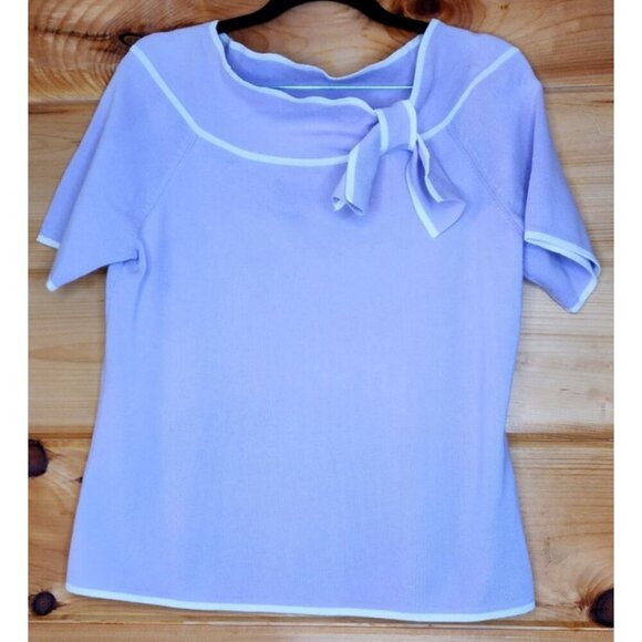 Designer Originals Purple White Trim Short Sleeve Knit Top Sweater Bow Large - Picture 14 of 16
